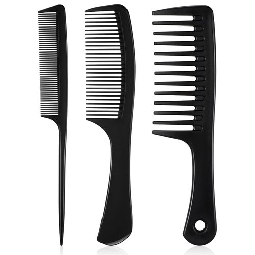 Patelai 3 Pcs Wide Tooth Detangling Hair Comb Detangling Hair Comb Hair Styling Comb Set, Carbon Fiber Cutting Comb Anti Static Heat Resistant Comb for Women Curly Straight Long Hair, Black (Elegant)