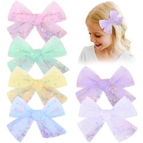 6 PCS Tulle Hair Bows for Girls, CN Toddler Bows with Glitter Star Alligator, Colorful Hair Barrettes Wedding Hair Accessories for Baby Girls Infants Toddler Teens Party (Type D)