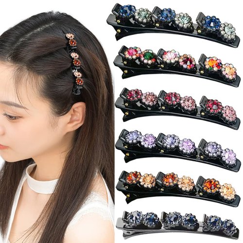 Yusier 6PCS Sparkly Rhinestone Braided Hair Clips Small Flower Hair Accessories Hair Design for Girls and Women Braided Duckbill Hair Clip With Crystal