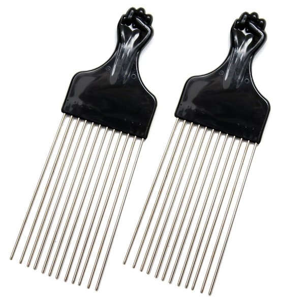 Luxxii (2 Pack) 8" Long Black Fist Metal Afro Pick Lift Hair Comb Detangle Wig Braid Hair Man Styling Comb