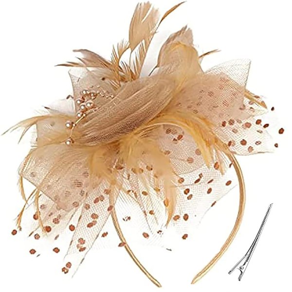 Durzasvo Women's Fascinators Tea Party Wedding Derby Mesh Flower Pearl Feather Fascinator Hat with Headband and Clip Gold