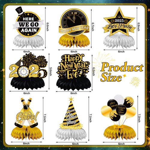 JULMELON Happy New Year Decorations 2025, 8 PCS New Years Honeycomb Centerpieces Table Decorations Black and Gold Table Toppers Decor for New Year Eve Party Supplies Favors