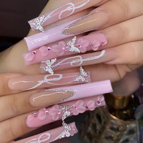 24Pcs Long Square Press on Nails Pink French Tip Fake Nails Silver Rhinestones with Flower Full Cover Tips Glue on Nails Artificial Acrylic False Nails Butterfly Charms Design for Women Nails Designs