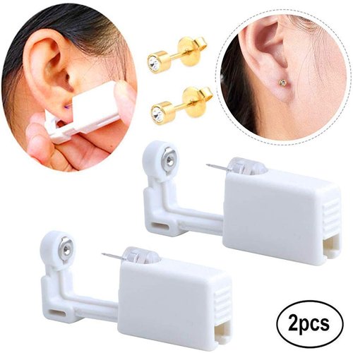 2 Pack Self Ear Piercing Gun Earring Disposable Piercing Kit No Pain Easy Use Ear Piercing Gun Kit Tool with Stud (Wihte Gold)