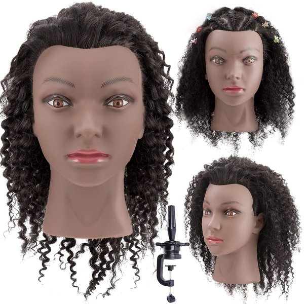 Stancia Mannequin Head with Hair, 100% Human Hair,22" Afro Training Head,Hairdresser Training Head, Manikin Cosmetology Doll Head for Hair Styling and Practice(with Clamp Holder, Black)