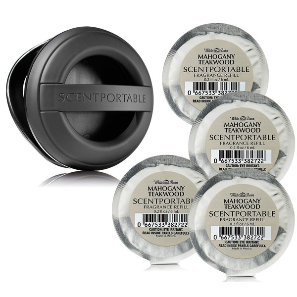 5 Pc Set - Bath & Body Works Scentportable Black Rubber Clip & 4 Mahogany Teakwood Refills