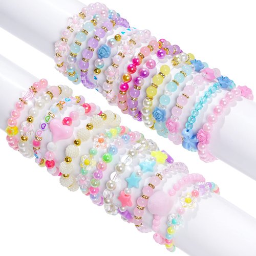 Dxhycc 24 Pieces Princess Bracelets Girls Beaded Bracelets Little Girls Costume Jewelry Set for Birthday Party Favors