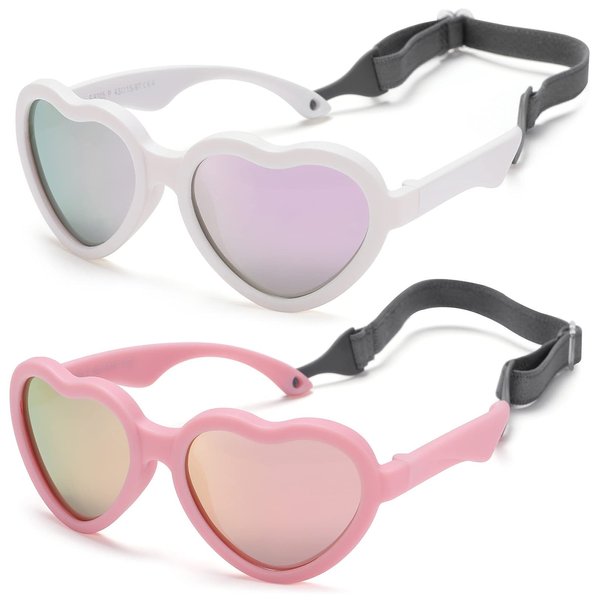 NULOOQ Flexible Heart Shaped Baby Polarized Sunglasses with Strap Adjustable Toddler & Infant Age 0-24 Months (White/Purple Mirrored + Pink/Pink Mirrored) - 2 Pack