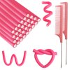 60 Pieces Flexible Curling Rods Twist Foam Flexi Rods No Heat Hair Rods Hair Rollers and Steel Pintail Rat Tail Comb for Long Hair Short Hair Women Girls (9.45 x 0.31, Pink)