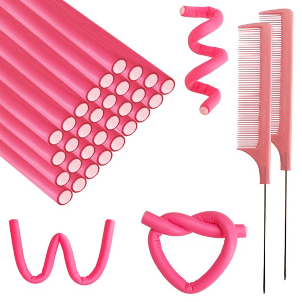 60 Pieces Flexible Curling Rods Twist Foam Flexi Rods No Heat Hair Rods Hair Rollers and Steel Pintail Rat Tail Comb for Long Hair Short Hair Women Girls (9.45 x 0.31, Pink)
