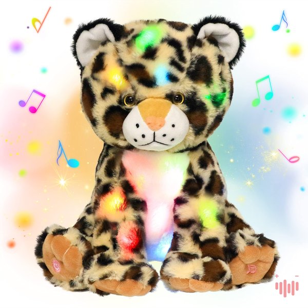 Hopearl LED Musical Plush Leopard Lighting Up Cheetah Stuffed Animal Panther Floppy Night Lights Glow in The Dark Birthday Festival for Kids Toddlers Boys, 11''