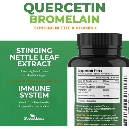 ForestLeaf Quercetin with Bromelain 1350mg - Blend with Vitamin C & Stinging Nettle Supplement, Quercetin 500mg Capsules, Non-GMO Gluten Free, Natural Immune & Respiratory Function, 90 Veggie Caps