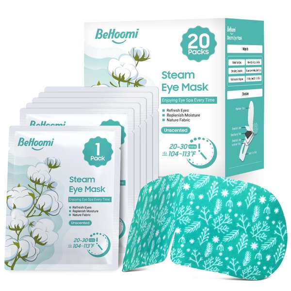 BeHoomi 20 Packs Steam Eye Mask, Heated Eye Mask Disposable Warm Compress for Eyes, Self Heating Moist Heated Eye Masks,Sleep Mask for Home Office Travel, Stocking Stuffers -Unscented