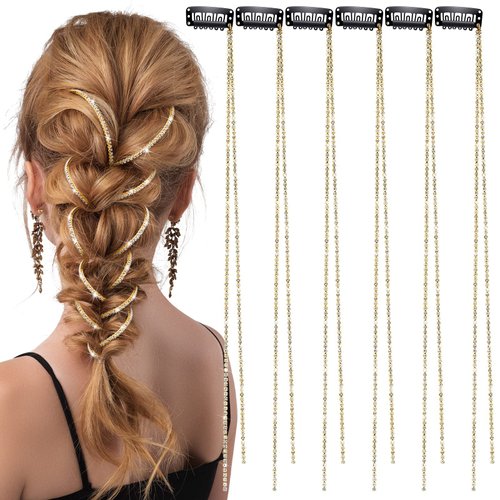 Chunyin Rhinestone Hair Chains Rhinestone Hair Accessories, Hair Extensions Pearl Hair Clip Rhinestone Hair Pins Hair Gems Rhinestones for Braids for Women 6 Count (Gold)