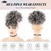 LEOSA Short Afro Puff Drawstring Ponytail Bun with Bangs Synthetic Short Kinky Curly Ponytail Updo Hair Extensions with Two Clips,Natural looking Curly Women Hairpieces (1B/GREY)