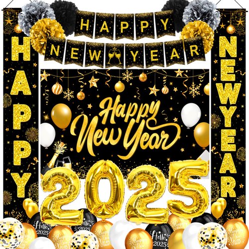 New Years Decorations 2025, Happy New Years Decorations 2025 Includes Happy New Year Banner Backdrop Door Banner Paper Pom Pom, Black Gold Happy New Year Eve Decorations Party Supplies