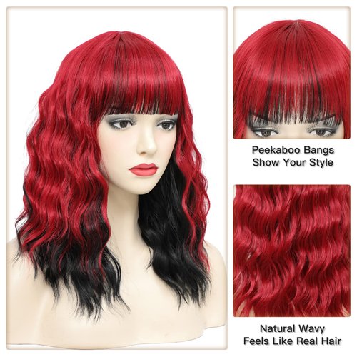 Red Bob Wig with Bangs, Short Wavy Wig with Bangs Red and Black Highlight Bob Wig Natural Wavy Short Wigs for Women Cosplay Halloween Party Use 14 Inches(HL Red)
