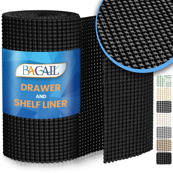 BAGAIL Drawer Liner, 12 in X 10 Ft Non-Adhesive Shelf Liners for Kitchen Cabinets, Thick Strong Grip Liners for Desk, Shelves, Bathroom Drawers, Cabinet Protection - Black
