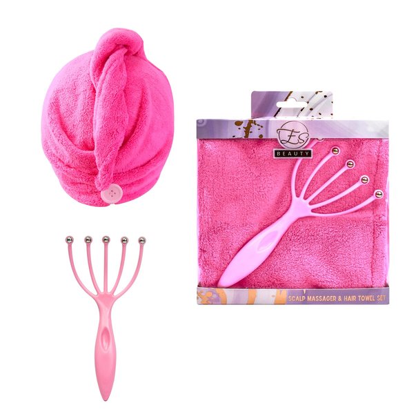 Double-Layer Hot Pink Scalp Massager & Coral Fleece Hair Towel Set, Scalp and Body Massage, Stress Relief, Travel & Home Essential, Super Absorbent Quick-Dry, Gift for Elder, Lover, Family, Kid, Pet