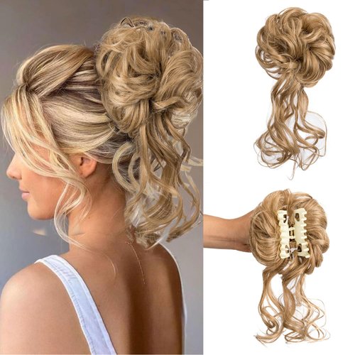 Claw Clip Messy Bun Hair Piece Tousled Updo Hair Buns Extension Elastic Hair Band Hair Pieces Curly Hair Bun Scrunchie For Women (Ash Blonde)