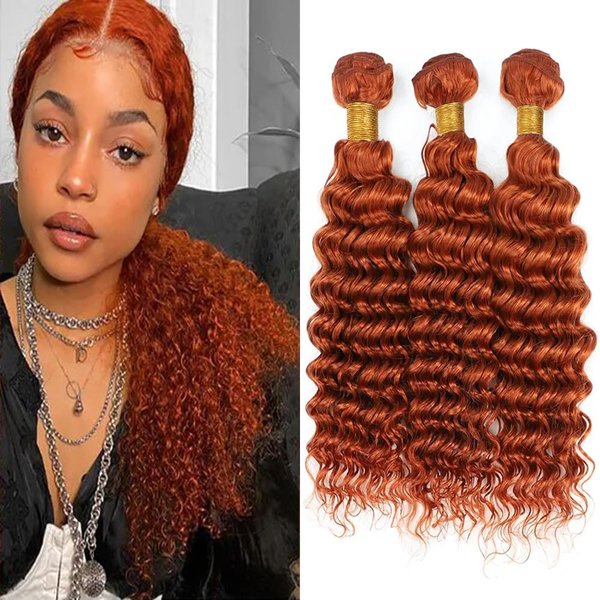 Orange Bundles Human Hair Color 350 Deep Wave Bundles Double Weft Ginger Orange Deep Curly Bundles Human Hair Wet and Wavy Bundles Soft and Silky for Black Woman (24 24 24 inch,3 Bundles)
