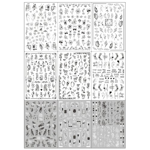 10 Sheets Black & White Butterfly Flower Nail Stickers Self-Adhesive Nail Art Decal Butterfly Floral Nail Design Decoration for Women Men