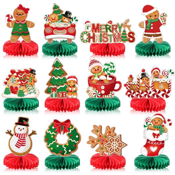 Frienda 12 Pcs Gingerbread Honeycomb Centerpieces Christmas Table Decorations Gingerbread Man Honeycomb Decoration Tabletop Sign 3D Xmas Decoration for Home Christmas Party Supplies Favor