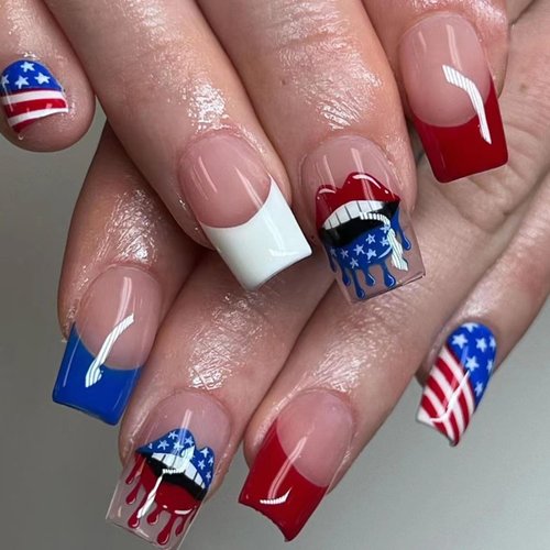Independence Day Press on Nails Short Square Fake Nails 4th of July Red White Blue French Tip Design with Red Lips False Nails American Flag Glue on Nails for Women Patriotic Manicure Decoration 24Pcs