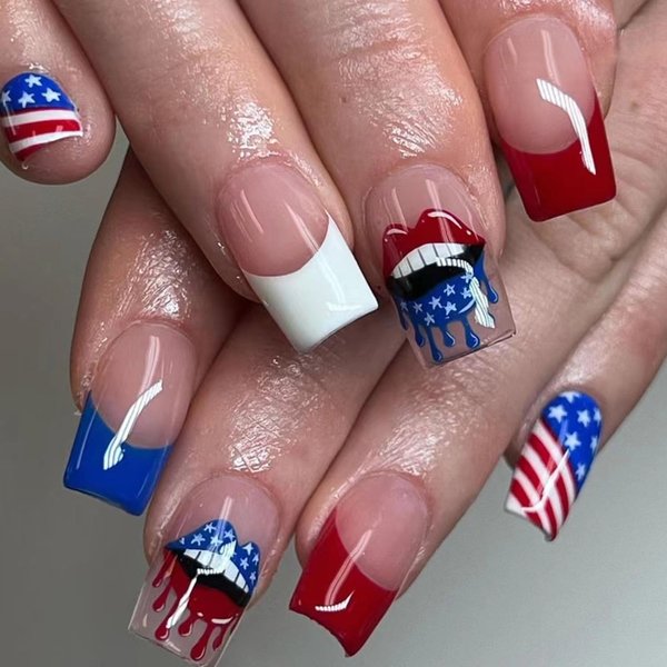 Independence Day Press on Nails Short Square Fake Nails 4th of July Red White Blue French Tip Design with Red Lips False Nails American Flag Glue on Nails for Women Patriotic Manicure Decoration 24Pcs