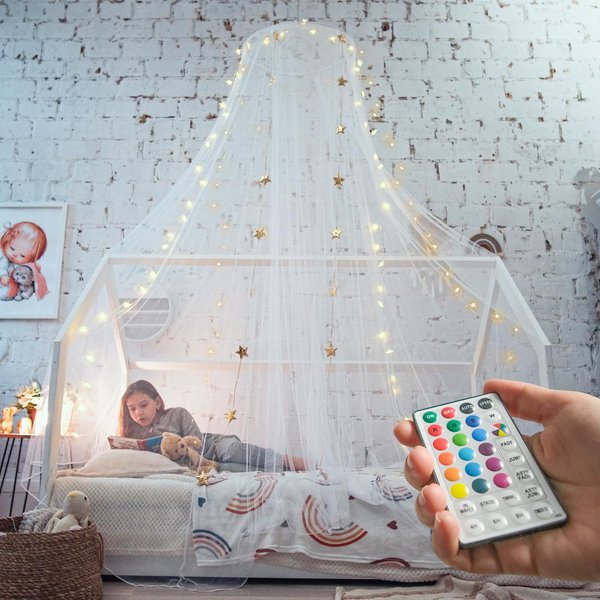 Bed Canopy with Lights, White Canopy Bed, Bed Canopy for Girls Room, Princess Bed Canopy | Single, Twin, Full, Queen | Bed Canopy for Girls, Kids Bed, Hanging Canopy, Fairy Lights Led Canopy