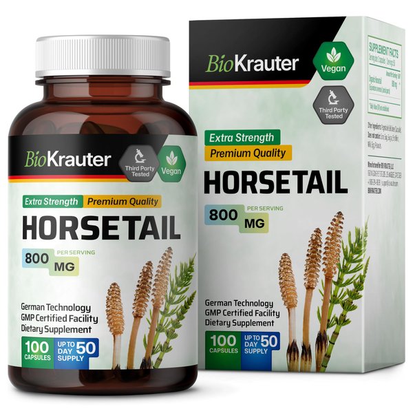 BIO KRAUTER Horsetail Herb Capsules - Horsetail Powder Capsules 800 mg - Hair Support - 100 Vegan Pills