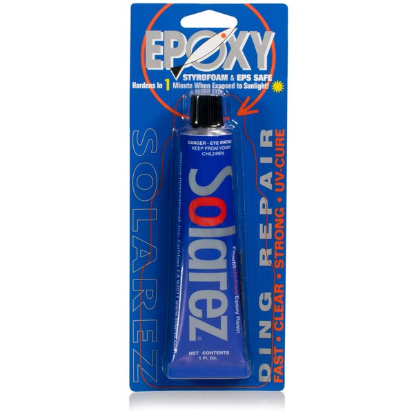 SOLAREZ UV Cure Epoxy Ding Repair Resin (2 oz) w- 60/40 grit sand pad ~ SUP Paddle-board & Surfboard Repair ~ No Yellowing, Eco-Friendly (ZERO vapors) Made in The USA