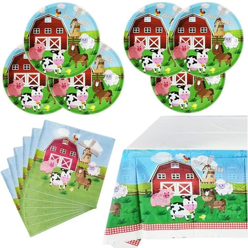 Farm Animal Party Tableware Set, Farmhouse 20 Plates and 20 Napkins and Tablecloth 71 '' x 42 '', Farm Animal Themed Party Decoration Supplies