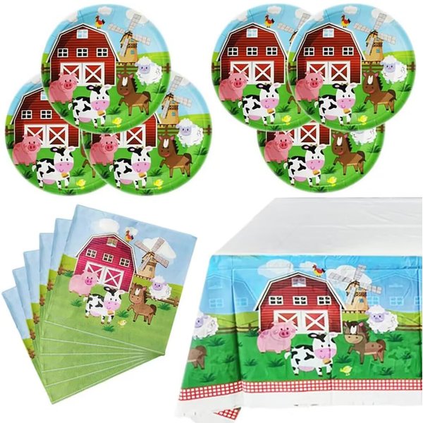 Farm Animal Party Tableware Set, Farmhouse 20 Plates and 20 Napkins and Tablecloth 71 '' x 42 '', Farm Animal Themed Party Decoration Supplies
