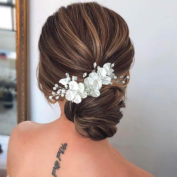 Cubahop Bride Wedding Flower Hair Pieces Silver Bridal Pearl Hair Accessories Rhinestones Hair Comb Slides for Women and Girls
