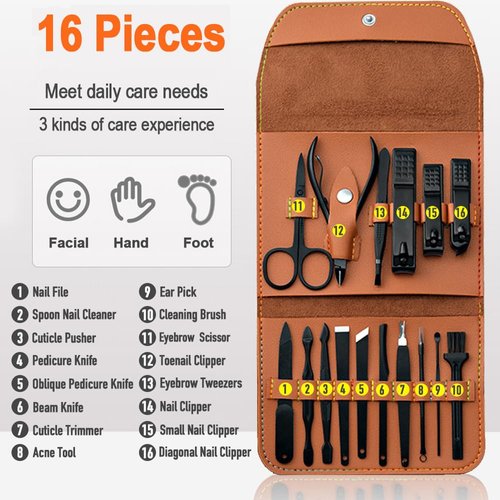 Mikim 16 Pieces Manicure Set Pedicure Kit Stainless Steel Personal Care Tool Nail Clippers Set Professional Grooming Kit Valentine's Day Gift for Men Women Husbands Wife Boyfriend Girlfriend