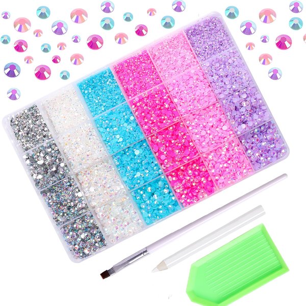 30000PCS Resin Flatback Rhinestones Kit, Jelly Resin Non-Hotfix Rhinestones for Crafts DIY Design, Tumblers, Clothes, Makeup, Nail Art 2mm, 3mm, 4mm, 5mm (Pink Purple Rhinestones)