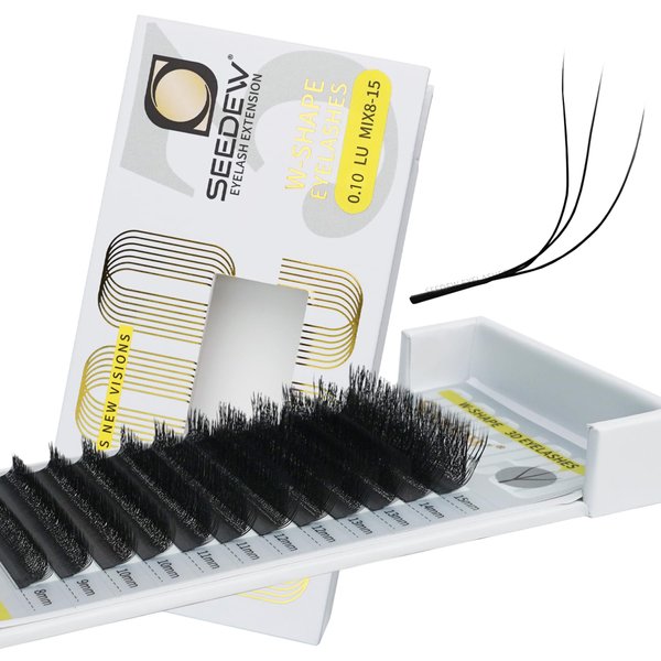 SEEDEW 3D Lash Extensions, 0.10mm LU/M Curl MIX8-15mm 12 Rows/Tray, W Shape Flat Stem, PBT Natural Eyelash Grafting for Beginner Artist, Lash Tech, Beauty Salon(3D-Matte Black-0.10-LU-MIX8-15mm)