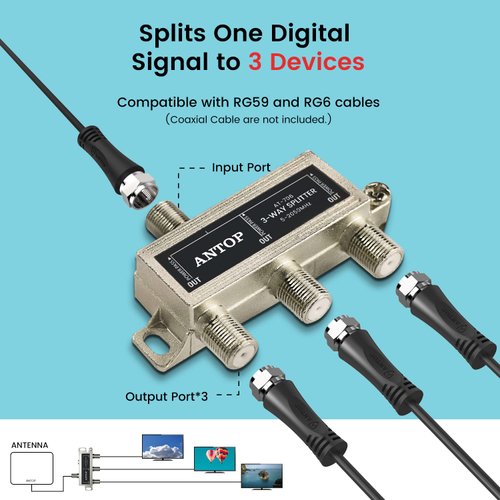 3 Way TV Signal Splitter,ANTOP Digital Coax Cable Splitter 2GHz- 5-2050MHz High Performance for Satellite/Cable TV Antenna