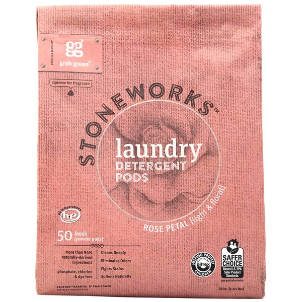 Grab Green Stoneworks Natural Laundry Detergent Powder Pods, Rose Petal, 50 loads