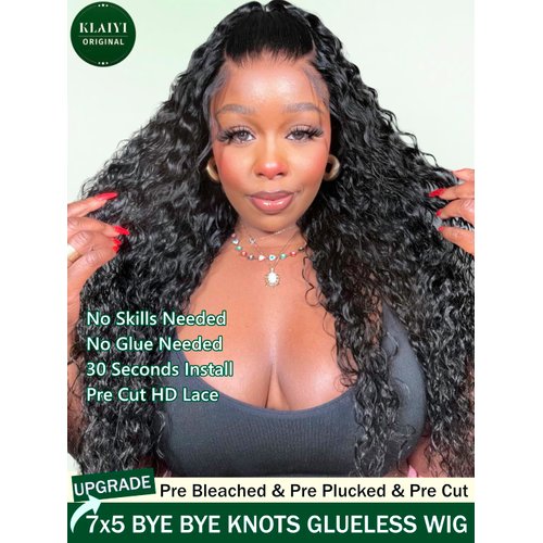 KLAIYI Bye Bye Knots Glueless Wig Pre Cut Water Wave HD Lace Front Wigs Human Hair Pre Bleached Pre Plucked Ready to Go Wigs for Women 30S Easy to Wear Put On and Go Curly Wig Beginner Friendly 20Inch
