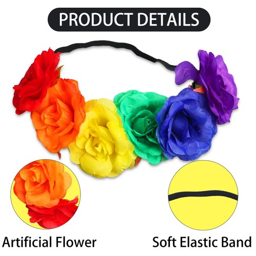 SeBneny Rainbow Rose Gay Pride Stuff Accessories Women Flower Headband Crown Boho Outfits Gay Pride Day Rainbow Accessories Floral Crown for Party Supplies Headwear 1PCS