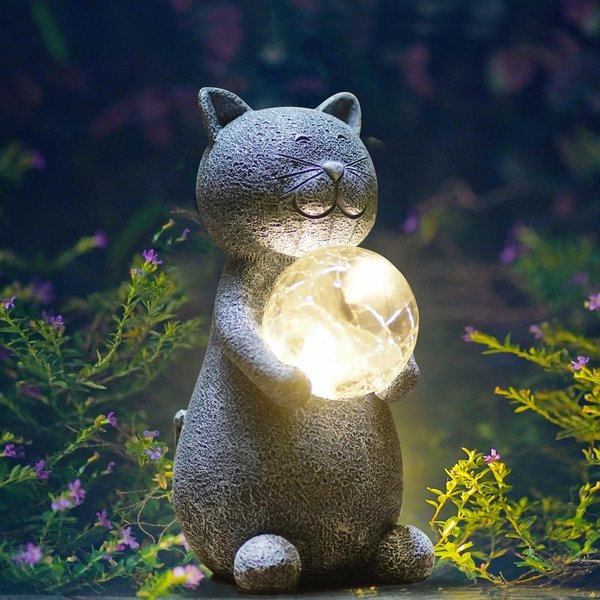 Tiejiajiang Solar Cat Statue Garden Decor - Cat Lover Gifts, with Gazing Solar LED Lights Ball Cat Decoration for Garden Yard Patio Lawn Balcony - Gifts for Mom Grandma (Gray Cat)