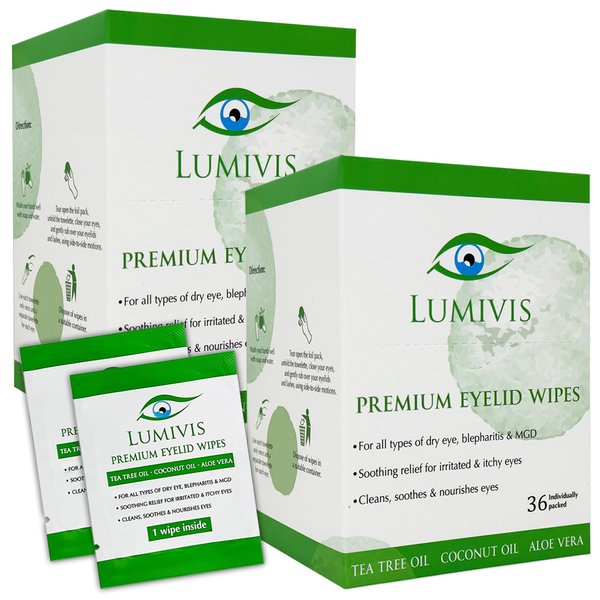 Lumivis Eyelid & Eyelash Wipes with Tea Tree Oil 72 Pcs - Daily Eye Cleanser for Blepharitis, Itchy, Stye Eyes - Individually Wrapped, Natural Makeup Remover