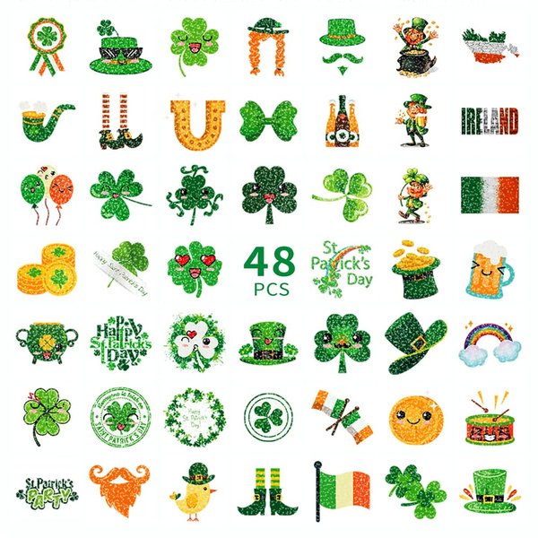 48pcs St Patricks Day Glitter Styles Temporary Tattoos,Clover Gold Coin Luck Hat Expression Tattoos Sticker St Patrick's Day Kiss Me I'm Irish Party | Holiday Party Accessories Arts and Crafts,8 sheet