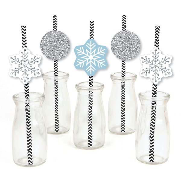 Big Dot of Happiness Winter Wonderland Paper Straw Decor - Snowflake Holiday Party and Winter Wedding Striped Decorative Straws - Set of 24