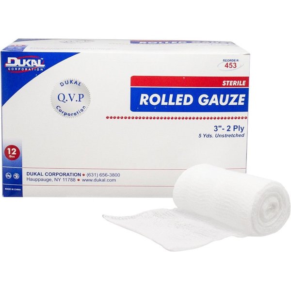Dukal Rolled Gauze Bandages, Non-Sterile, 3" x 5 yds., Package of 12, Wound Dressing Material for Cuts, Lacerations, Scrapes, & Burns, First Aid Gauze for Bleeding, Prepping, Cleaning, & Scrubbing