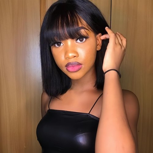 Luolihar Short Straight Bob Wig With Bangs Human Hair Brazilian Virgin Human Hair Wigs for Black Women None Lace Front Wigs Wear and Go Glueless Machine Made Bob Wigs Natural Black 12 Inch