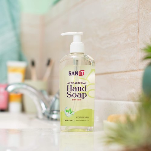 Sanit Silky Clean Antibacterial Liquid Gel Aromatic Hand Soap - Advanced Formula with Coconut Oil and Aloe Vera - Natural Moisturizing Hand Wash - Made in USA, White Tea, 8 oz, 3 Pack