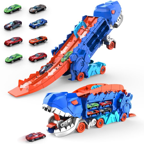 City Toy Car Dinosaur Ultimate Hauler Truck,Transforms into Standing Transporter with Race Track,Dinosaur Hauler with 8 Vehicles Toddler Toys Gifts for Kids Ages 3 4 5 6 7 8 Years Old (Blue)